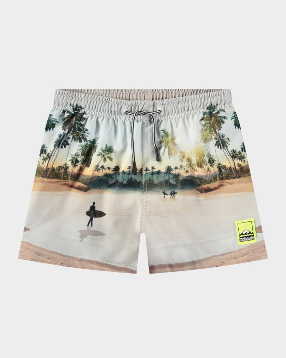 Boy's Niko Surf-Print Swim Shorts, Size 3T-6